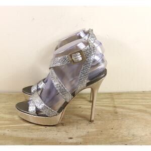 Jimmy Choo Heel 38.5 Vamp Silver Gold Glitter Fabric Platform 5" Sandals Shoes